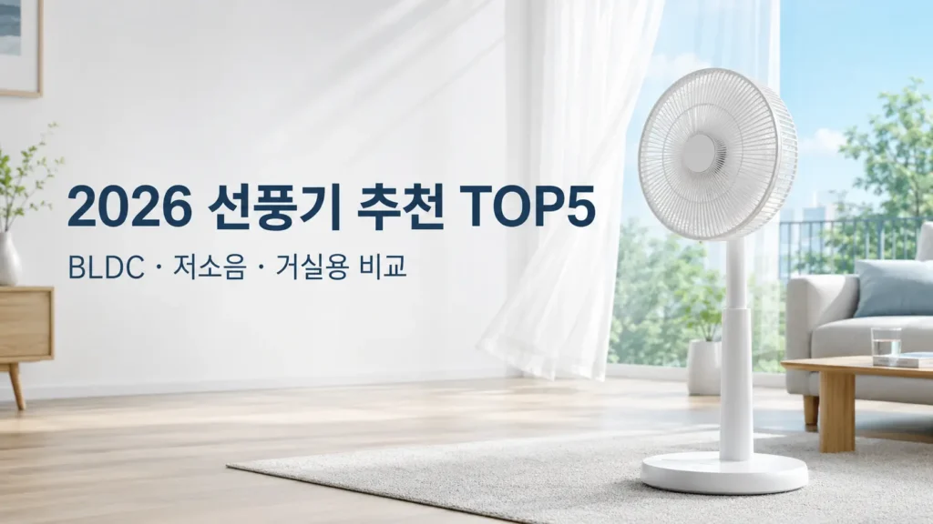 밝은 거실의 스탠드 선풍기와 2026 선풍기 추천 TOP5 안내
