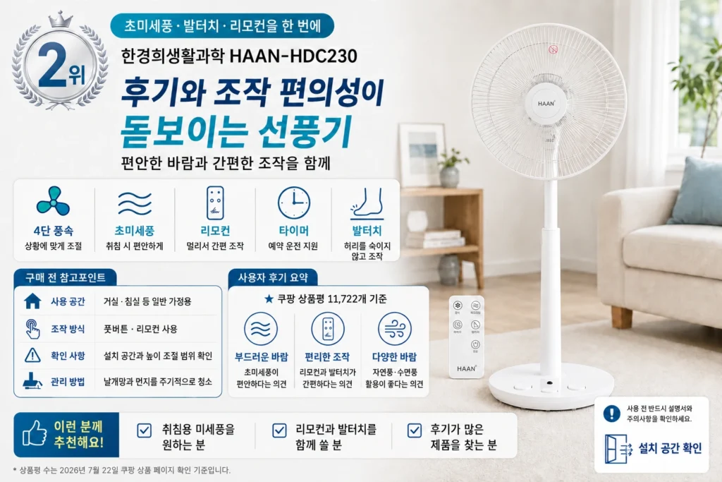 한경희생활과학 HAAN-HDC230 초미세풍 발터치 리모컨 선풍기 주요 기능과 사용자 후기 요약