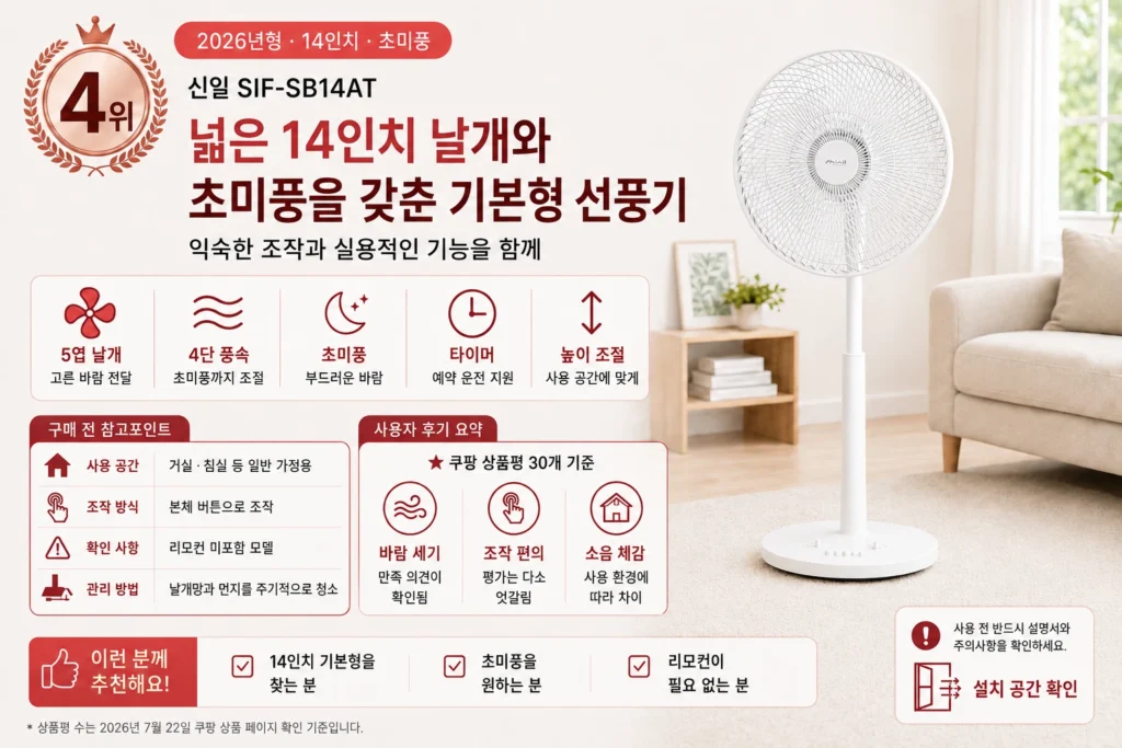 신일 SIF-SB14AT 14인치 초미풍 선풍기 주요 기능과 사용자 후기 요약