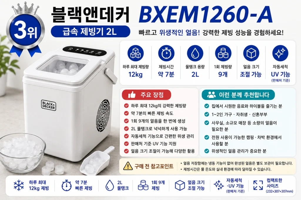 블랙앤데커 BXEM1260-A 가정용 제빙기의 2L 물탱크와 자동세척 및 판매처 기준 UV 기능을 정리한 이미지
