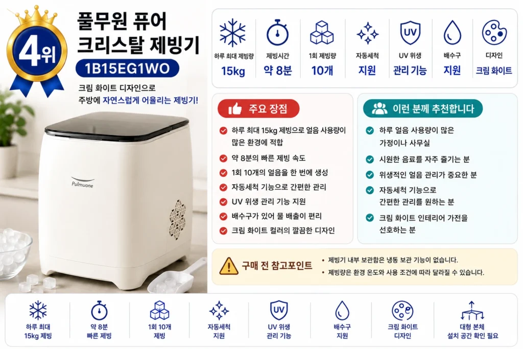 풀무원 1B15EG1WO 가정용 제빙기의 15kg 제빙량과 자동세척 및 UV 위생 관리 기능을 정리한 이미지