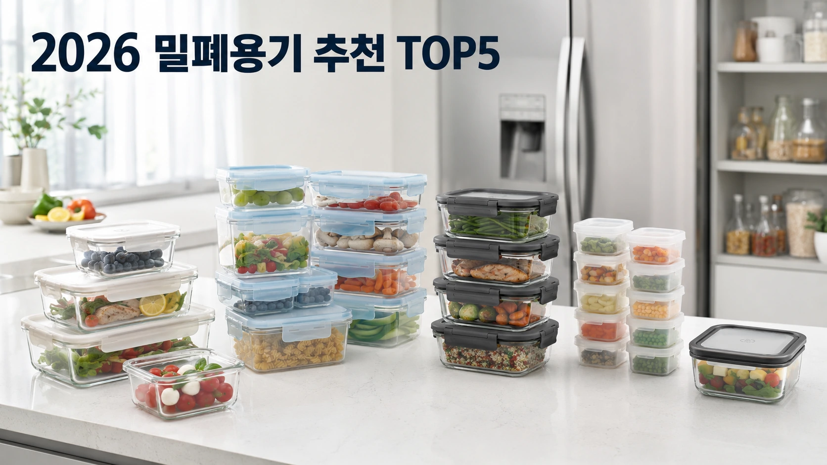 냉장고 주방에 다양한 밀폐용기를 정리한 2026 밀폐용기 추천 TOP5 대표 이미지