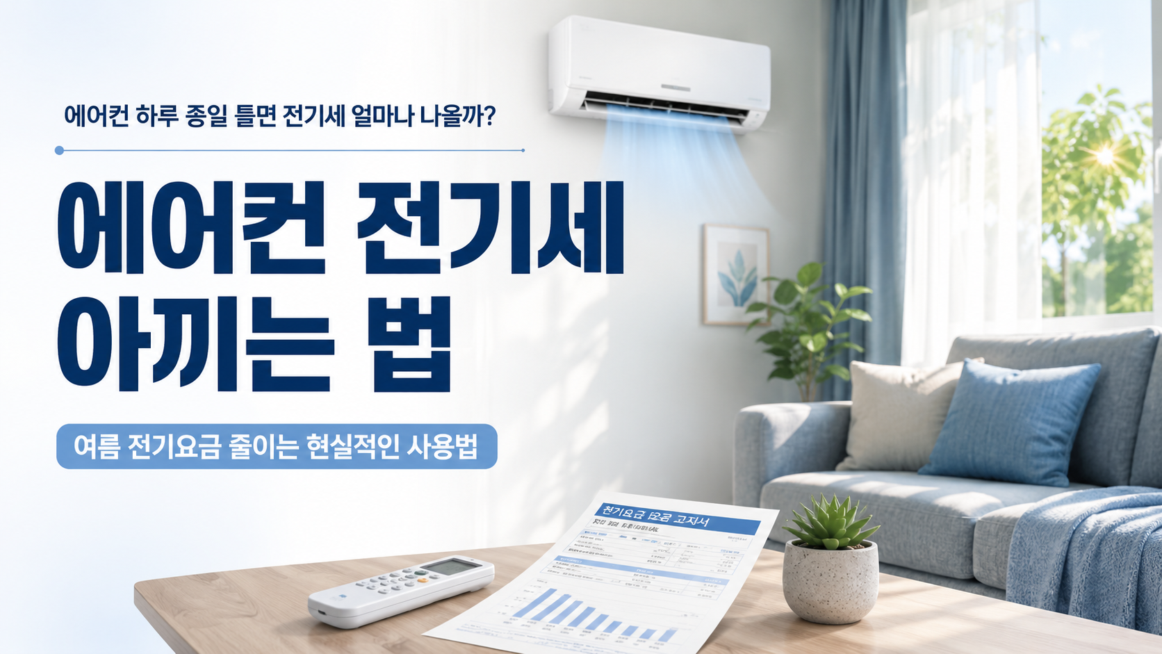 여름 거실에서 에어컨을 사용하며 전기요금 고지서와 리모컨이 놓여 있는 모습 본문 초안