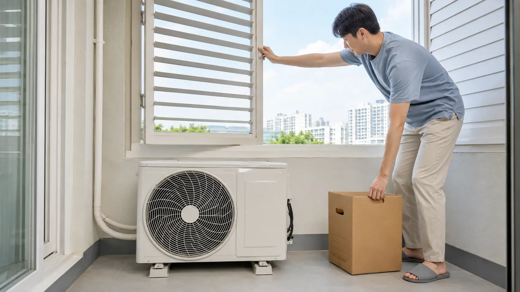 에어컨 실외기 주변 장애물을 치우고 환기창을 여는 모습