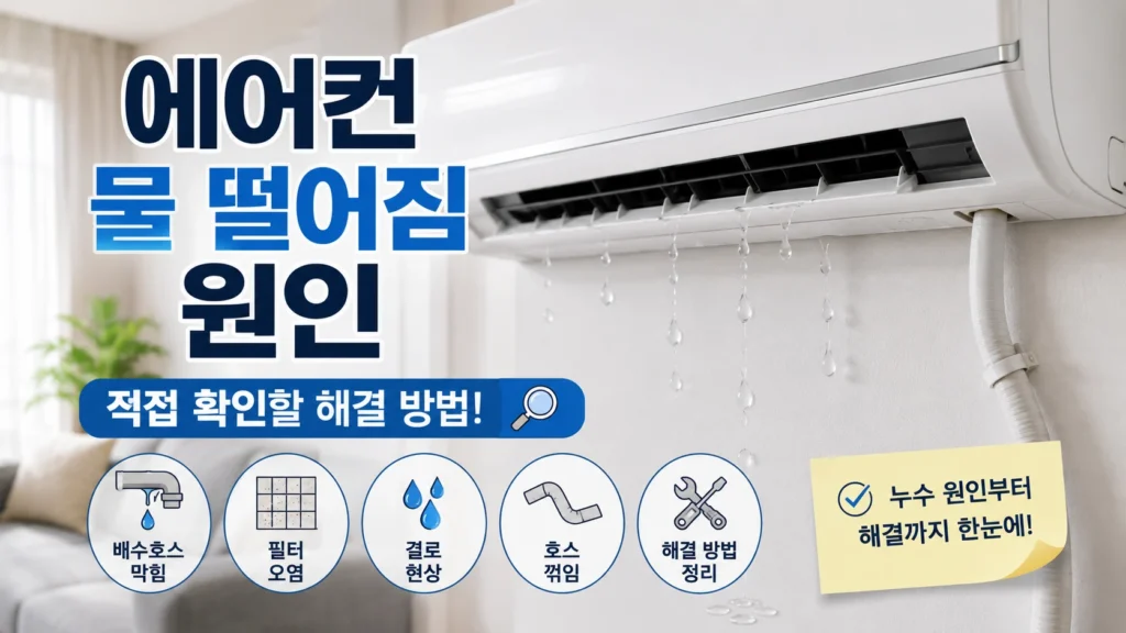 벽걸이 에어컨 아래로 물이 떨어져 원인을 확인하는 모습