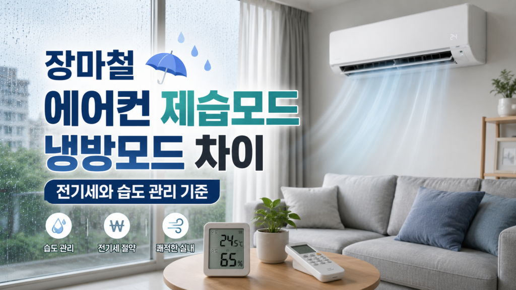 장마철 에어컨 제습모드와 냉방모드 차이를 보여주는 실내 이미지