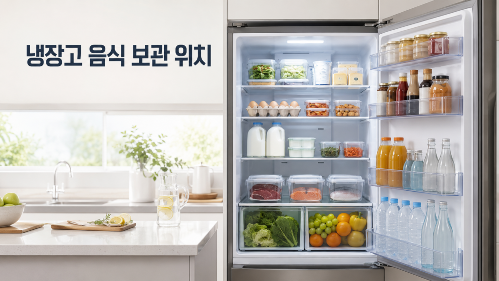 문쪽과 안쪽 선반, 아래칸과 야채칸에 음식을 구분해 보관한 냉장고
