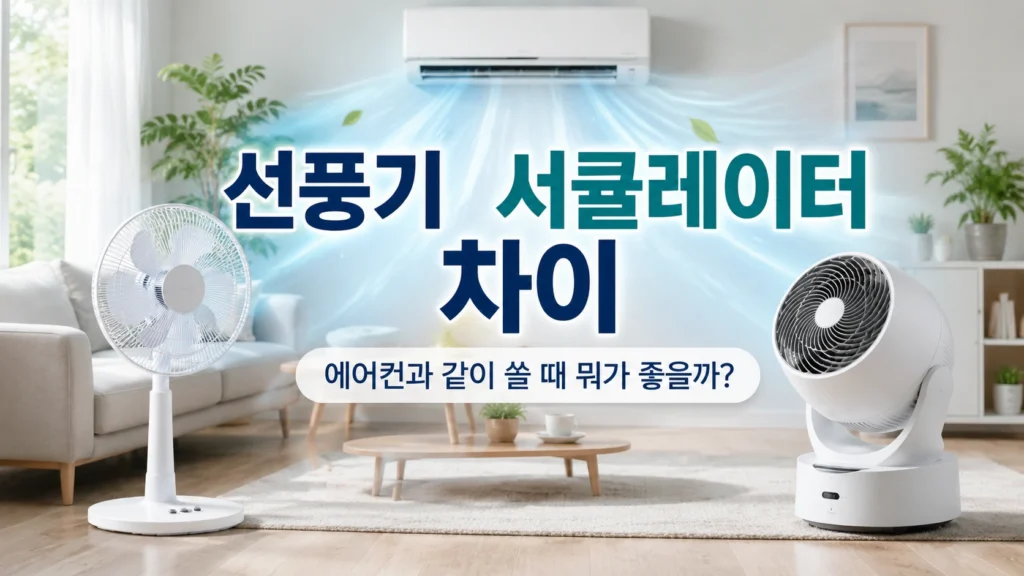 여름 거실에서 선풍기와 서큘레이터를 에어컨과 함께 사용하는 모습