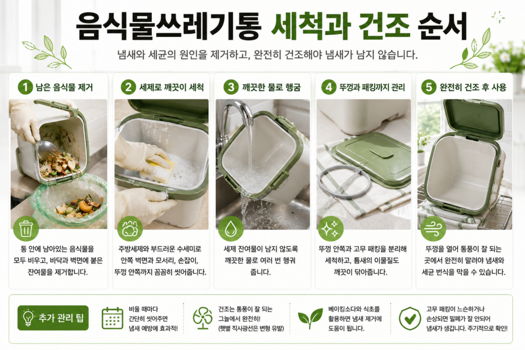 음식물쓰레기통을 세척하고 완전히 건조하는 순서
