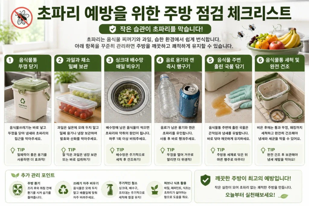 음식물통과 과일 및 싱크대 주변의 초파리 예방 점검 항목