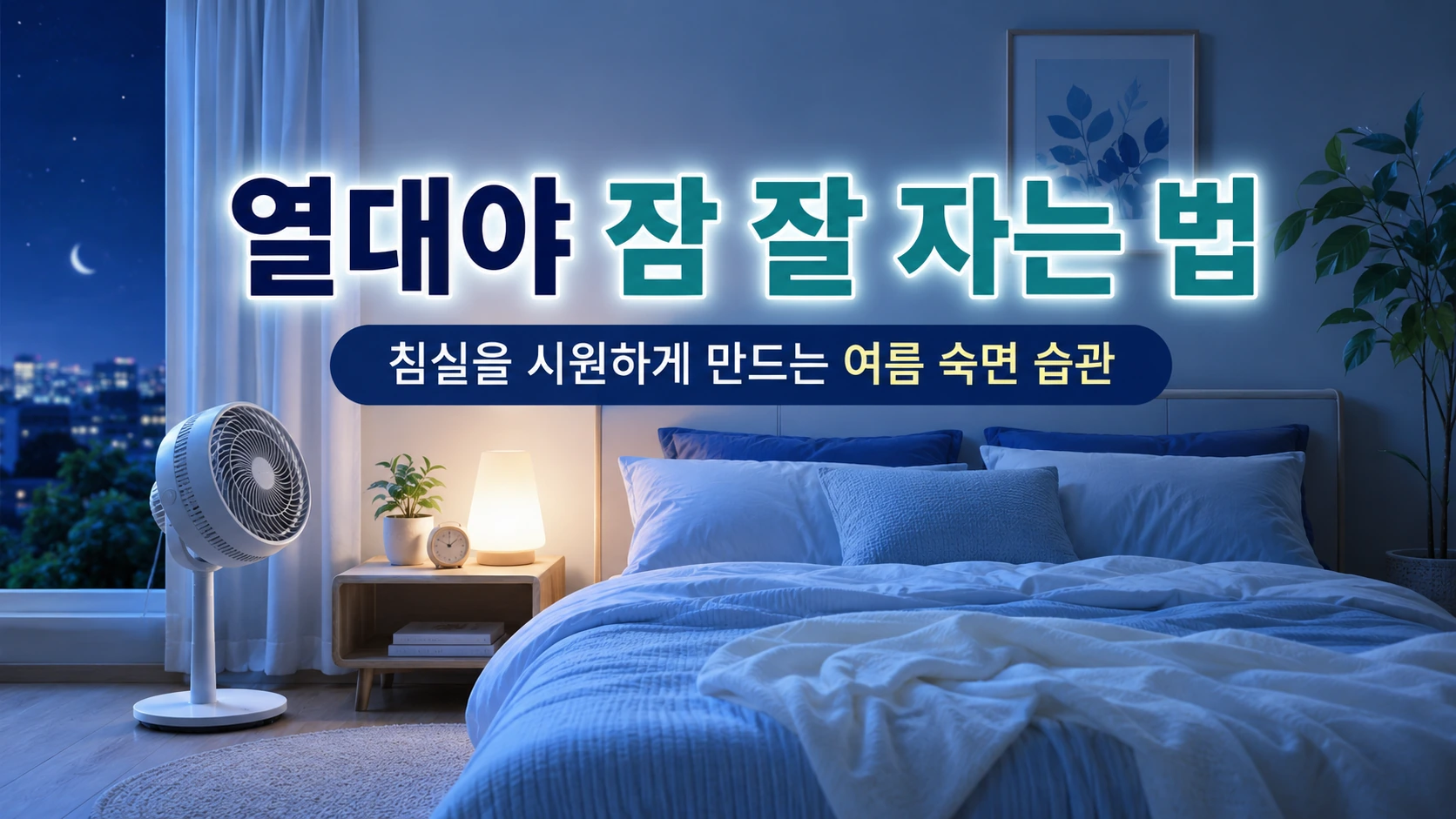 여름 열대야 밤에 시원한 침실에서 선풍기와 얇은 침구를 사용하는 모습