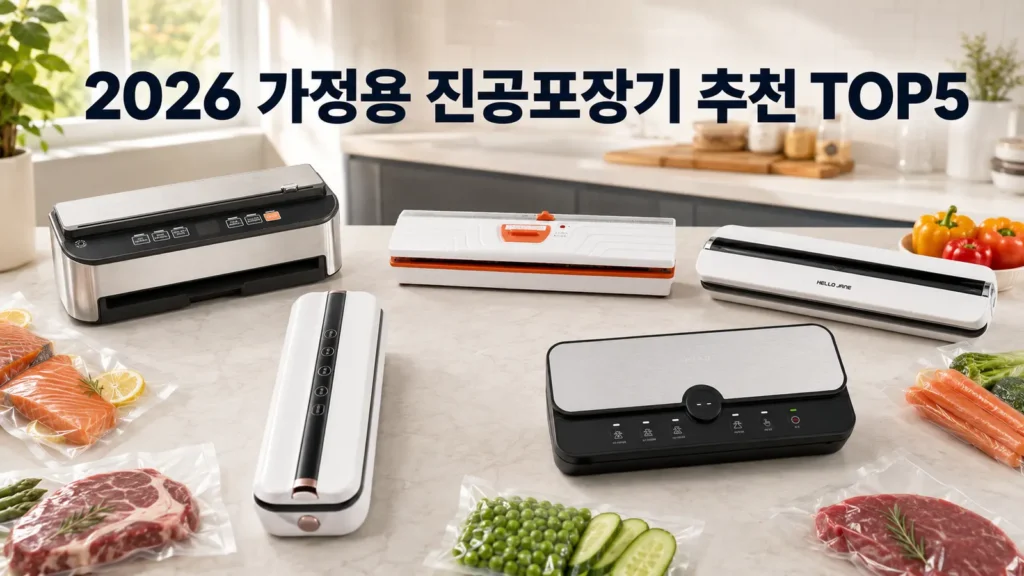 육류와 채소를 소분한 주방에 가정용 진공포장기 5종을 배치한 추천 TOP5 이미지