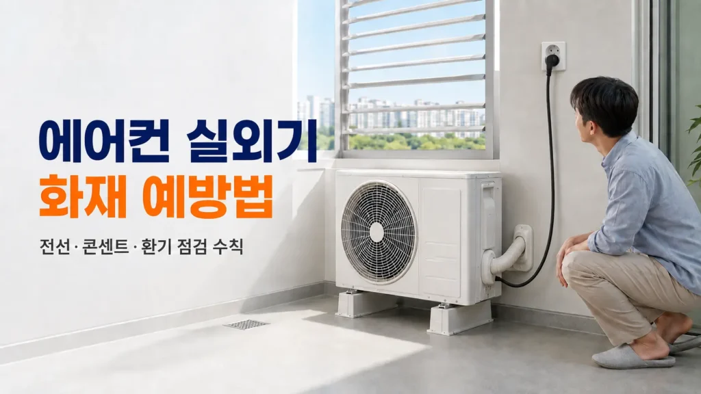 에어컨 실외기 화재 예방을 위해 전선과 콘센트 및 환기 상태를 점검하는 모습