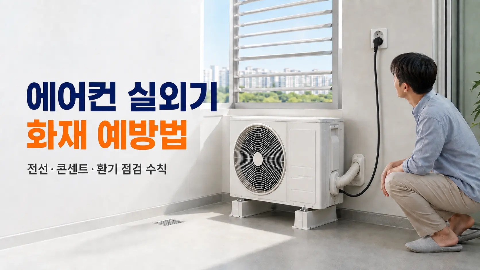 에어컨 실외기 화재 예방을 위해 전선과 콘센트 및 환기 상태를 점검하는 모습