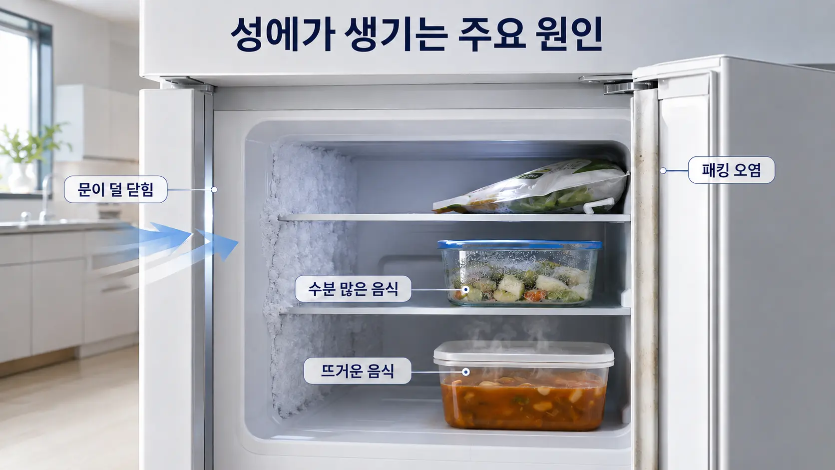 문이 덜 닫히고 패킹이 오염되거나 수분 많은 음식 때문에 냉동실 성에가 생기는 원인