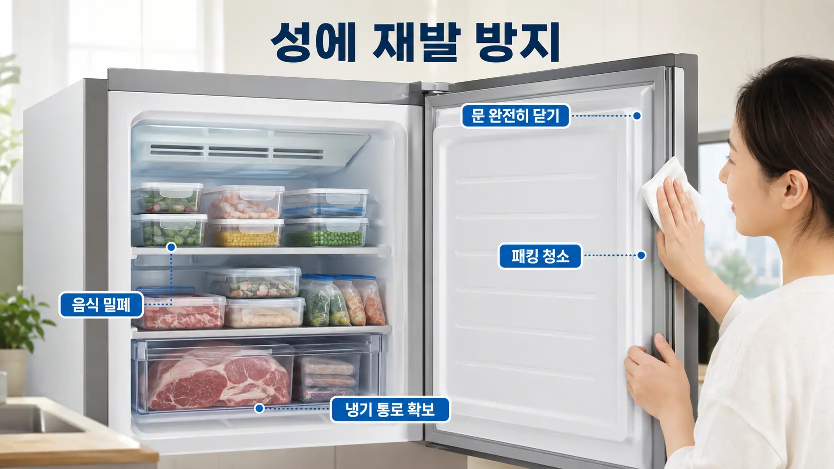 냉동실 문과 패킹을 점검하고 음식을 밀폐해 성에 재발을 막는 방법