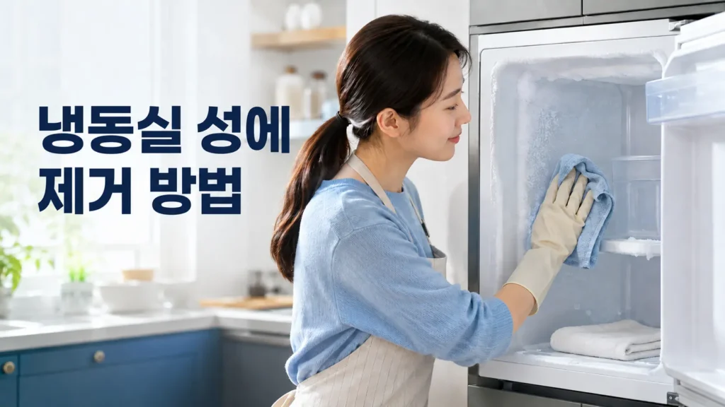 냉동실 내부의 성에를 따뜻한 행주로 안전하게 닦는 모습