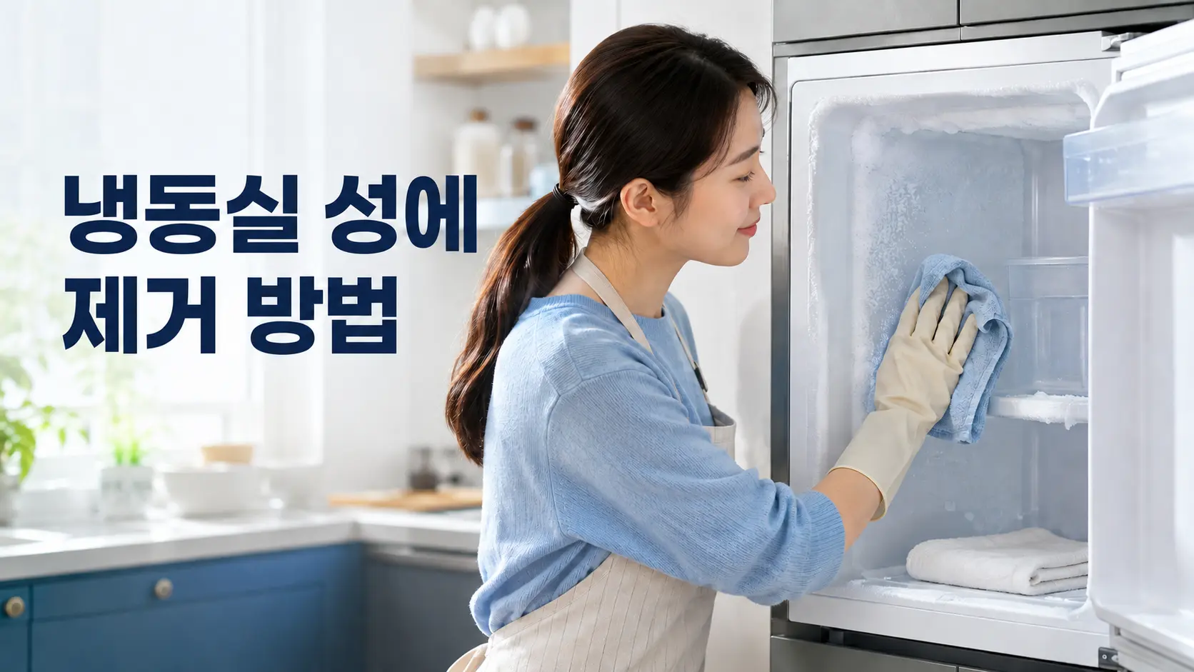 냉동실 내부의 성에를 따뜻한 행주로 안전하게 닦는 모습