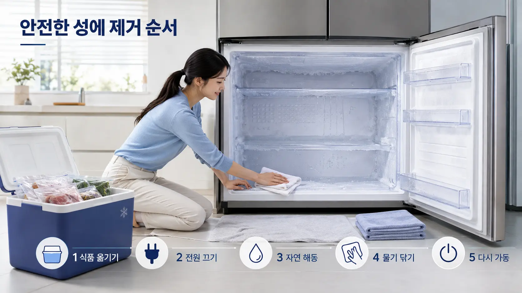 식품을 옮기고 전원을 끈 뒤 자연 해동하고 물기를 닦는 냉동실 성에 제거 순서