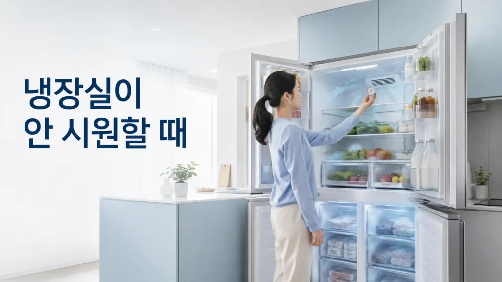냉동실은 작동하지만 냉장실이 시원하지 않아 온도와 냉기 토출구를 확인하는 모습