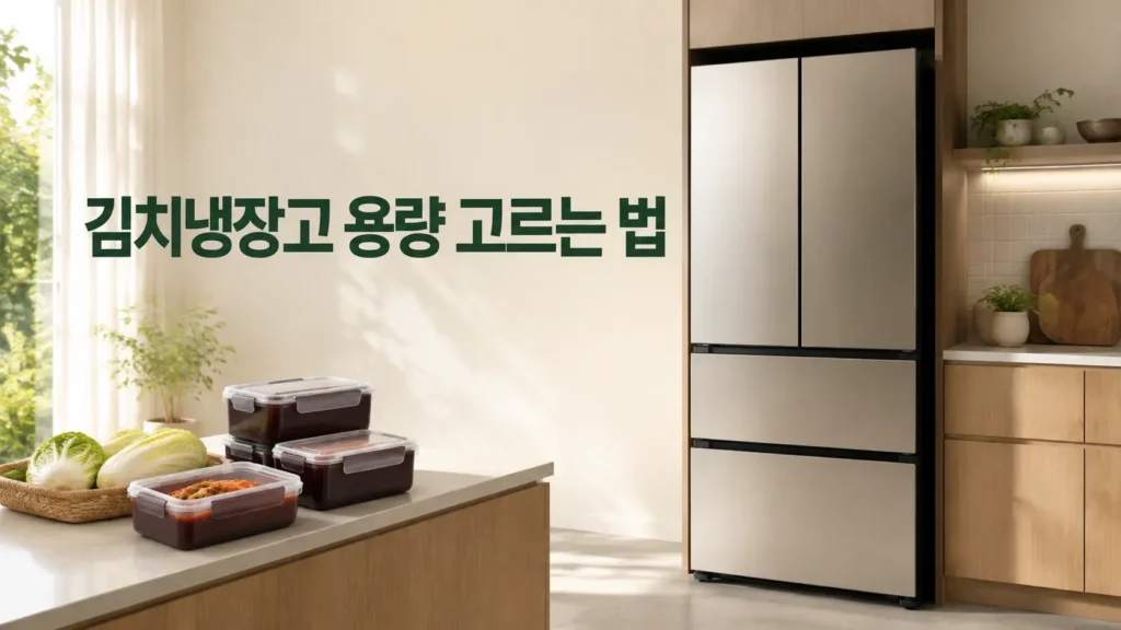 스탠드형 김치냉장고와 김치통을 배치한 밝은 주방의 김치냉장고 용량 선택 이미지