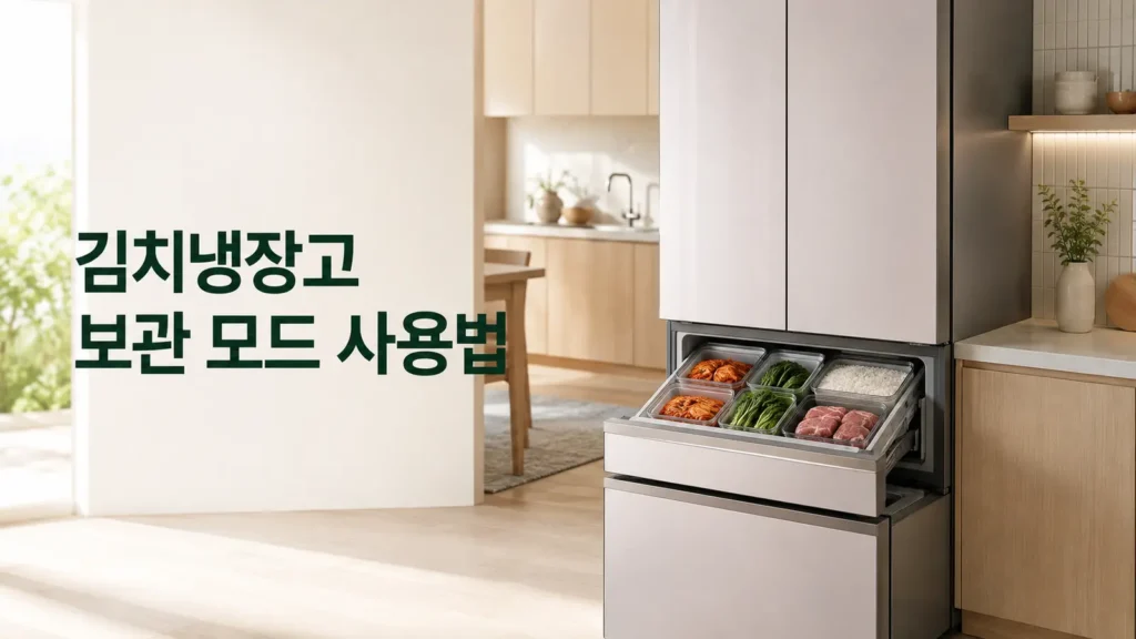 김치냉장고 보관 모드 사용법을 보여주는 주방과 식품별 수납 모습