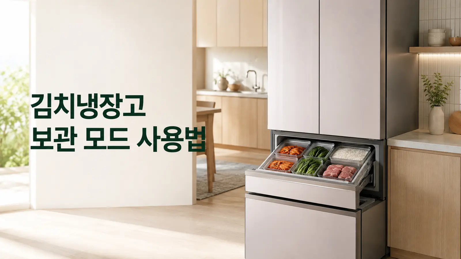 김치냉장고 보관 모드 사용법을 보여주는 주방과 식품별 수납 모습