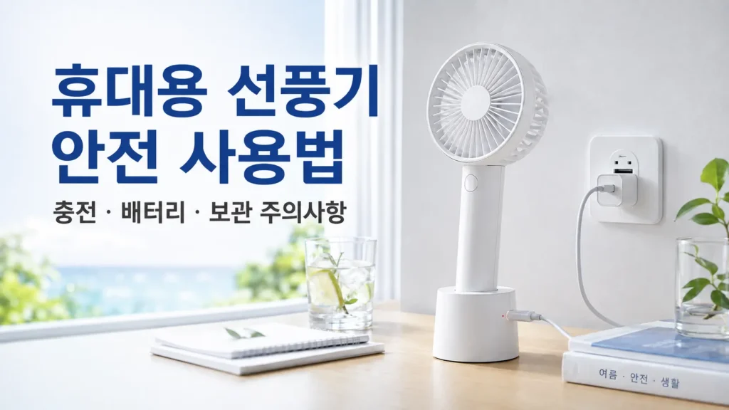 휴대용 선풍기를 충전하는 모습과 배터리 및 보관 주의사항을 안내하는 안전 사용법 대표 이미지