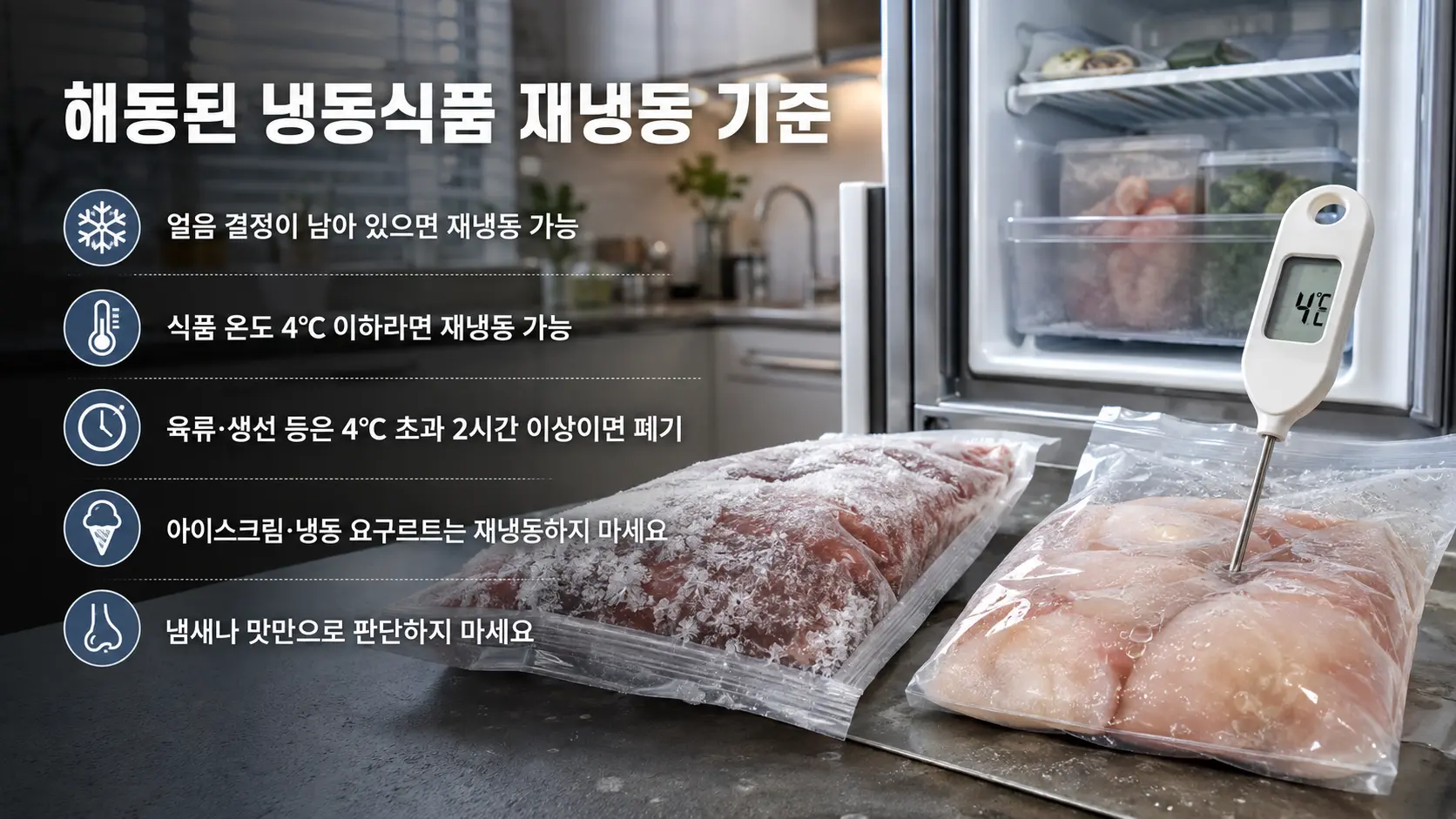 해동된 냉동식품의 얼음 결정과 식품 온도 4도를 확인해 재냉동 가능 여부를 판단하는 모습