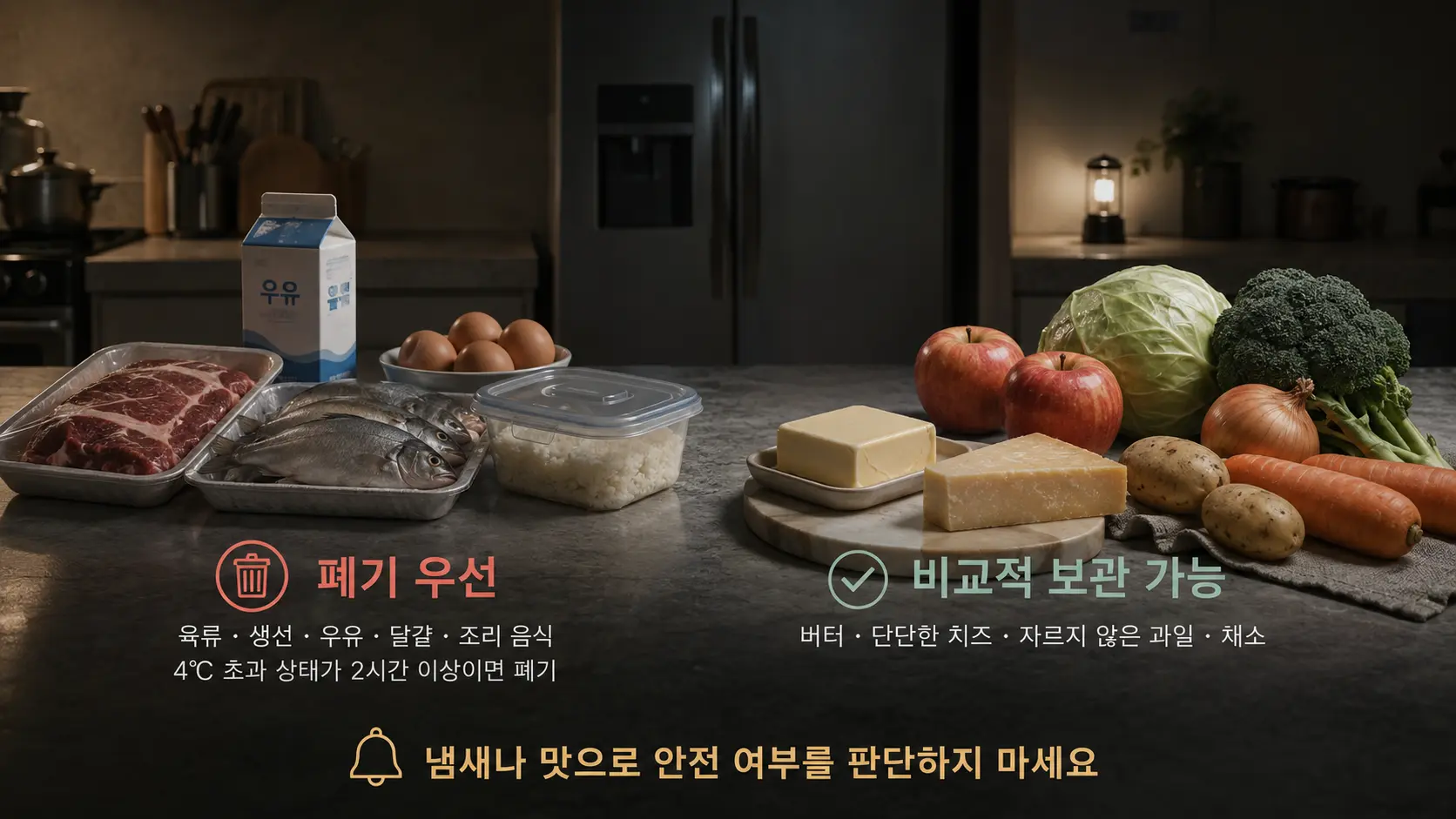 정전 후 폐기해야 할 육류와 생선, 우유, 달걀과 비교적 보관 가능한 버터, 단단한 치즈, 자르지 않은 과일과 채소