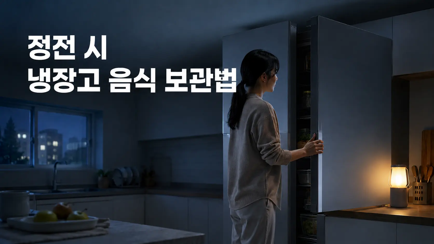 정전된 주방에서 음식의 냉기를 유지하기 위해 냉장고 문을 닫는 모습