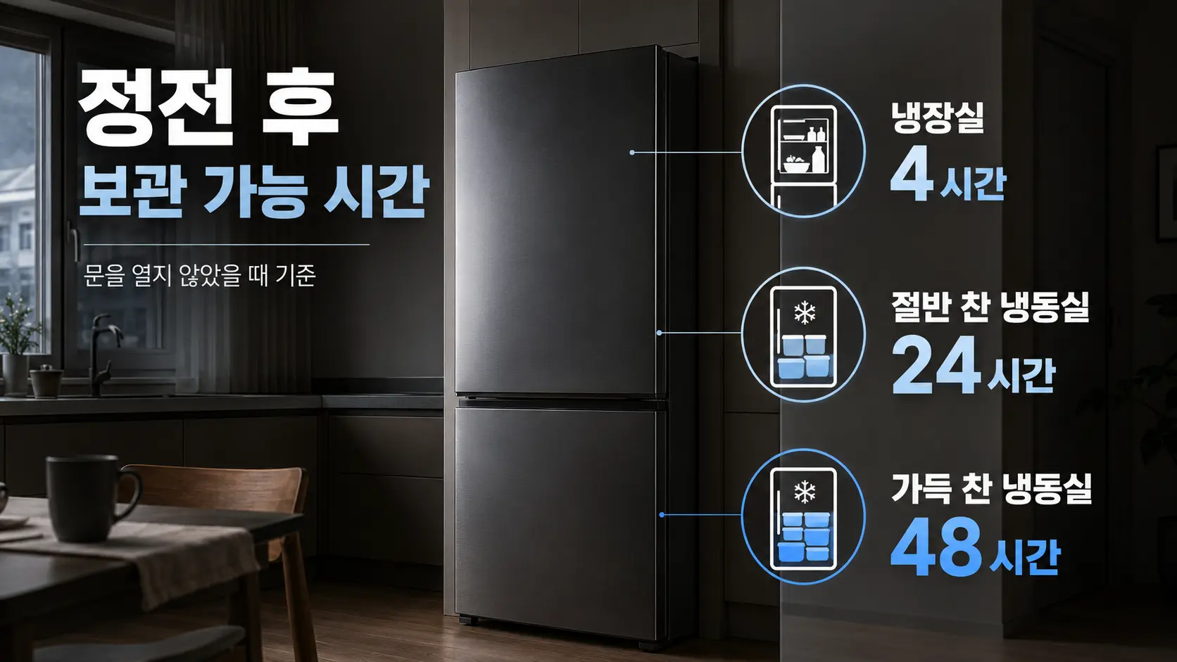 정전 시 문을 열지 않은 냉장실은 4시간, 절반 찬 냉동실은 24시간, 가득 찬 냉동실은 48시간 보관 가능한 기준