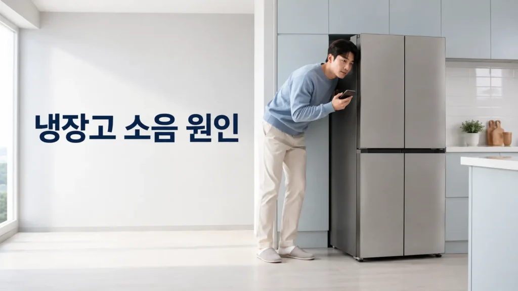 냉장고 옆에서 스마트폰으로 소음을 확인하는 모습