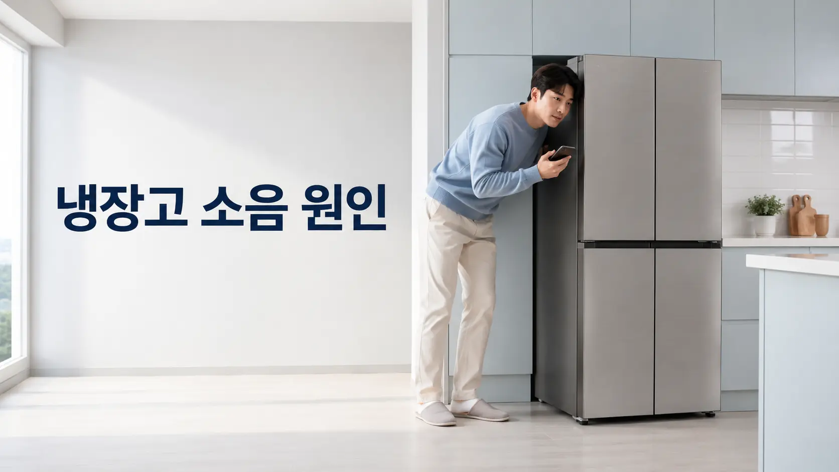 냉장고 옆에서 스마트폰으로 소음을 확인하는 모습