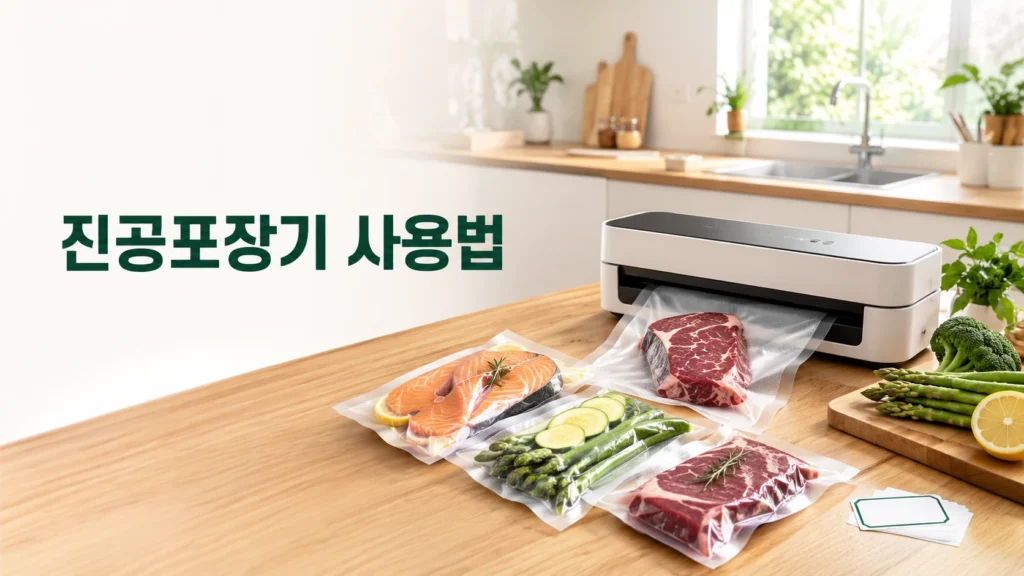 진공포장기로 육류와 생선, 채소를 소분 밀봉하는 밝은 주방 이미지