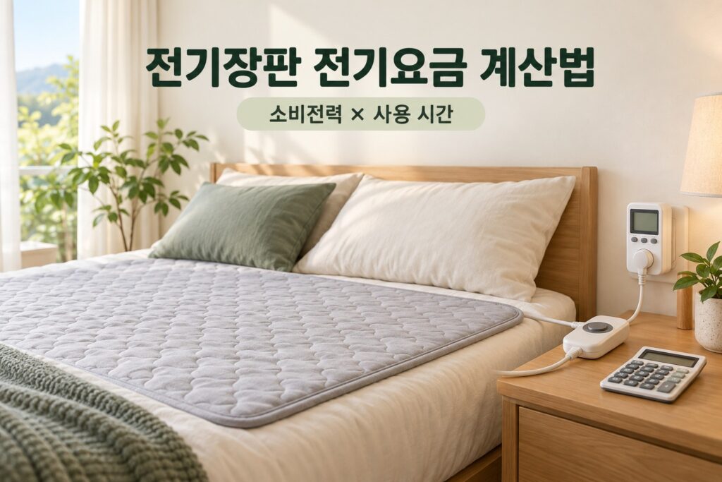 침대의 전기장판과 조절기 옆에 계산기와 전력 측정기를 배치한 설명용 이미지