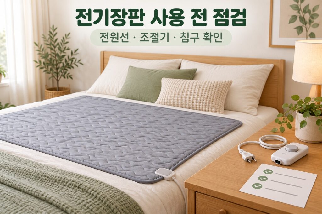 펼친 전기장판 옆에 전원을 분리한 플러그와 조절기, 점검표를 배치한 설명용 이미지