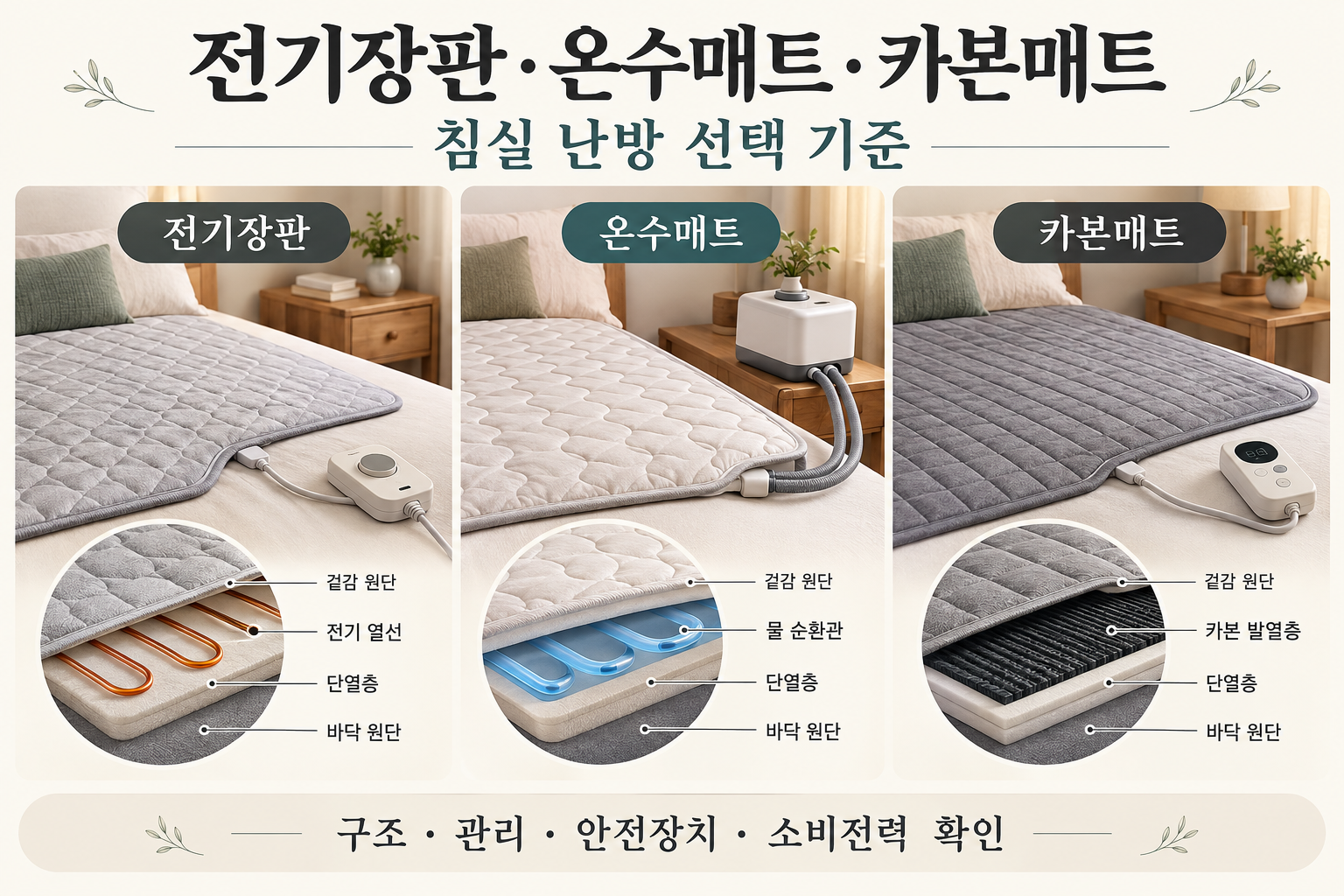 전기장판·온수매트·카본매트의 구조와 관리 항목을 비교한 설명용 그림