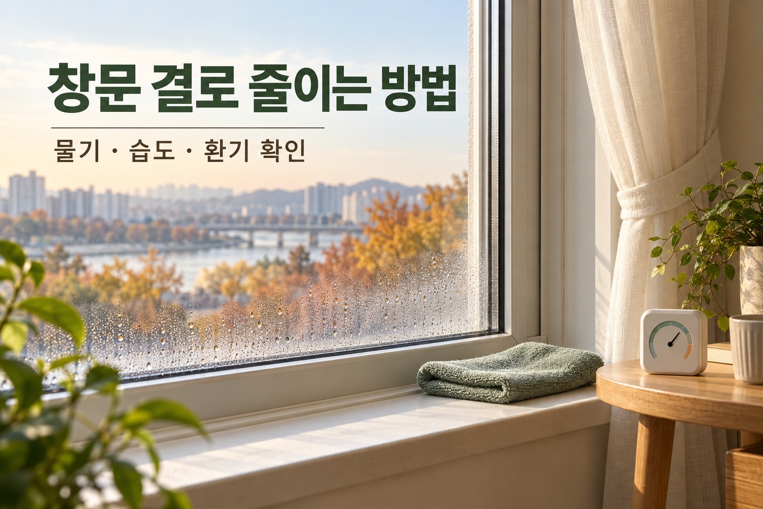 물방울이 맺힌 창문과 걷어둔 커튼, 마른 천과 습도계를 배치한 결로 관리 설명 이미지